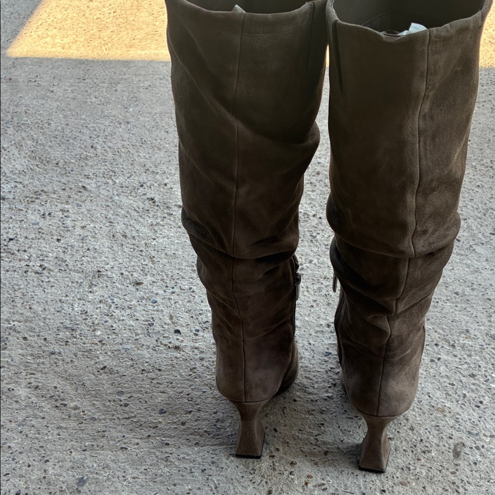 Vince Camuto Taupe Slouchy Pointed-Toe Suede Heeled Boots - Picture 5 of 14